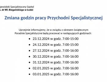 Zmiana godzin pracy Przychodni Specjalistycznej