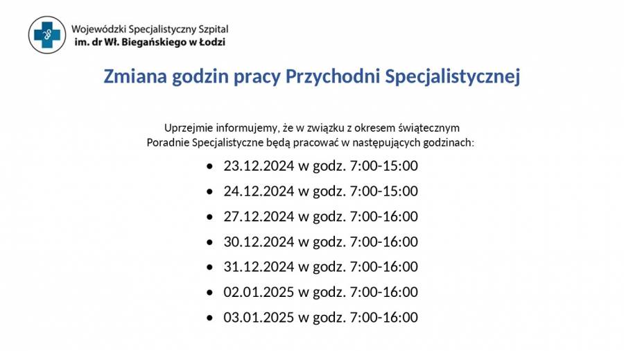 Zmiana godzin pracy Przychodni Specjalistycznej 